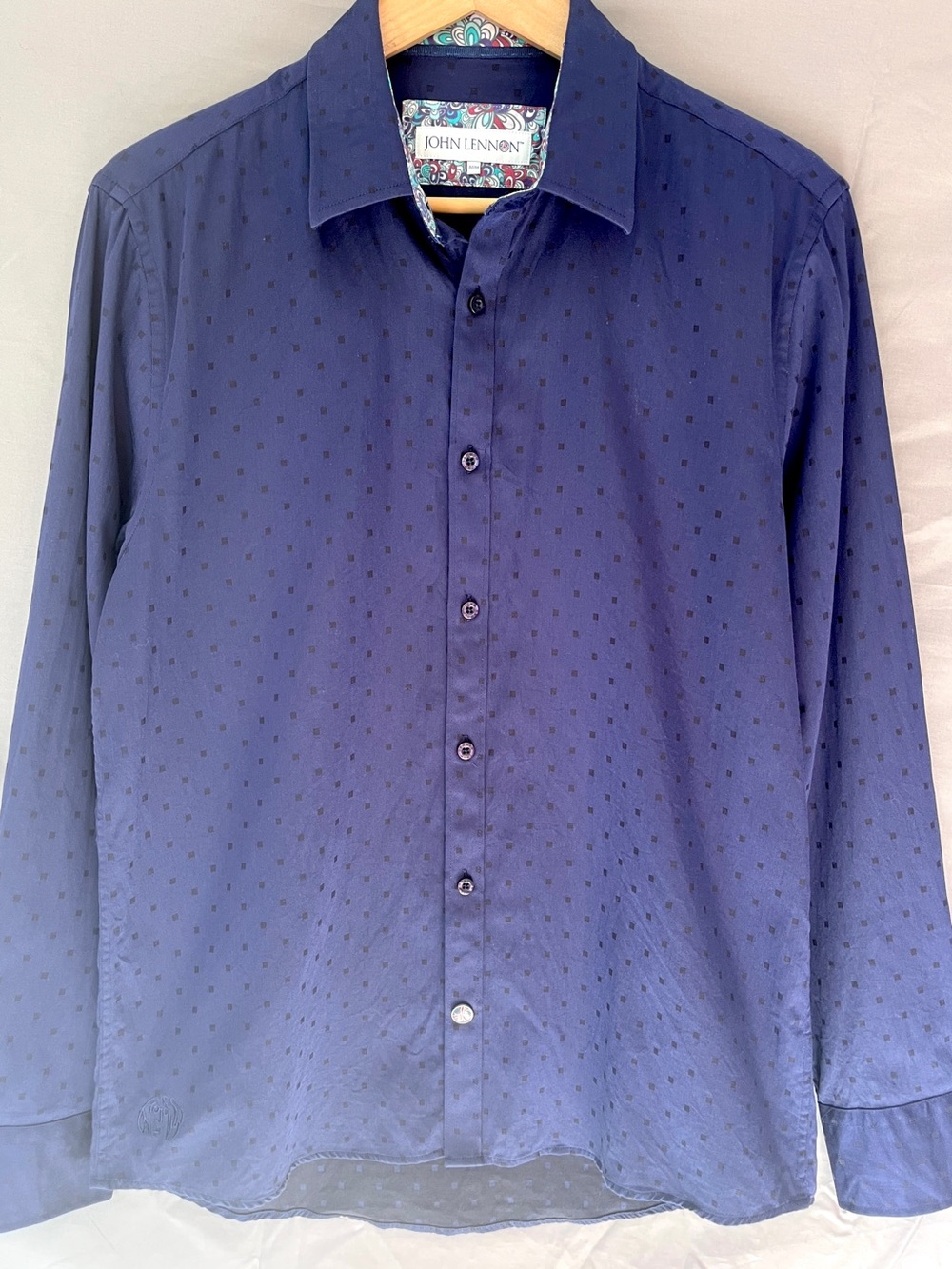 John Lennon Dress Shirt Navy Jacquard Dot Embroidered Details Beatles Medium